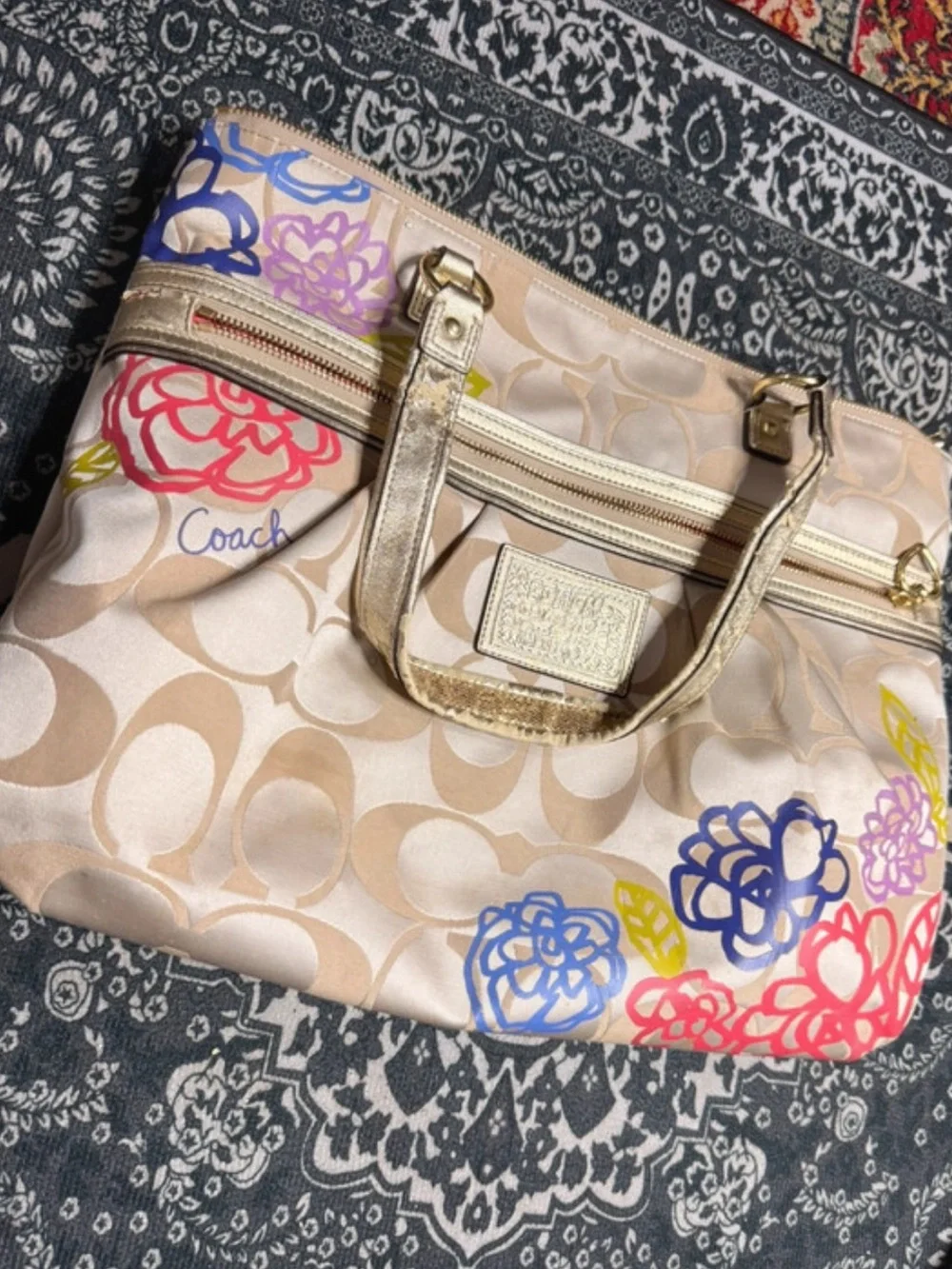 Coach Multicolor Floral Signature Tote with Gold Handles